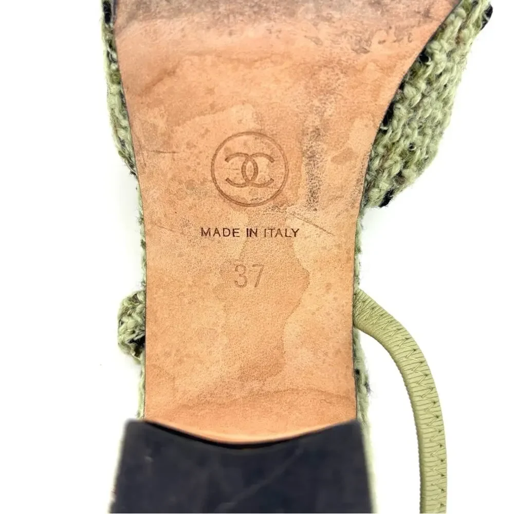Chanel CC Logo Green Wool Tweed Patent Cap Toe Slingback Heeled Sandals 37
